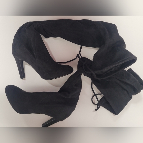 NY&Co Tall Black Suede Feel (man made) Boots Pull On With Top Drawstring 8 - Picture 3 of 7